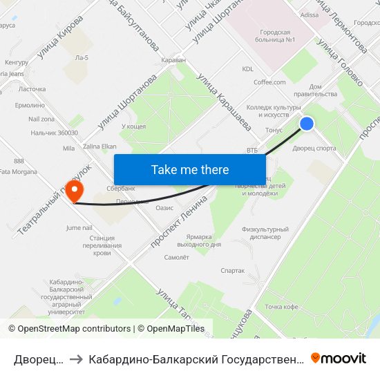 Дворец Спорта to Кабардино-Балкарский Государственный Аграрный Университет map