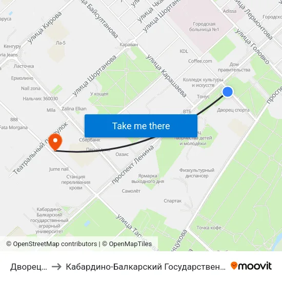 Дворец Спорта to Кабардино-Балкарский Государственный Аграрный Университет map