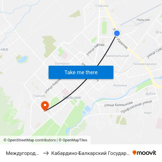 Междугородный Автовокзал to Кабардино-Балкарский Государственный Аграрный Университет map