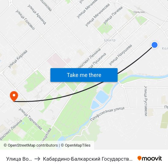 Улица Вологирова to Кабардино-Балкарский Государственный Аграрный Университет map