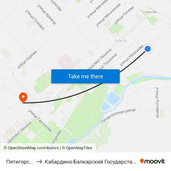 Пятигорская Улица to Кабардино-Балкарский Государственный Аграрный Университет map
