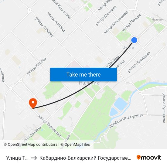 Улица Толстого to Кабардино-Балкарский Государственный Аграрный Университет map