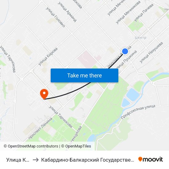 Улица Кешокова to Кабардино-Балкарский Государственный Аграрный Университет map