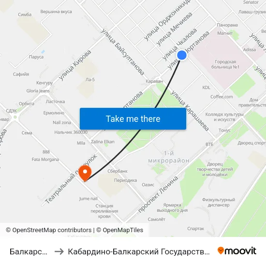 Балкарская Улица to Кабардино-Балкарский Государственный Аграрный Университет map