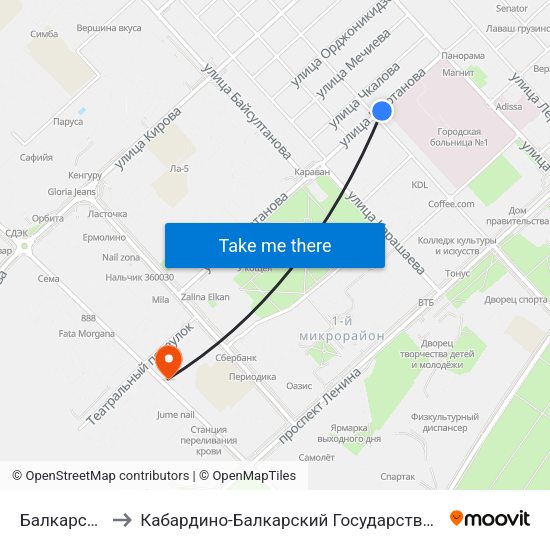 Балкарская Улица to Кабардино-Балкарский Государственный Аграрный Университет map