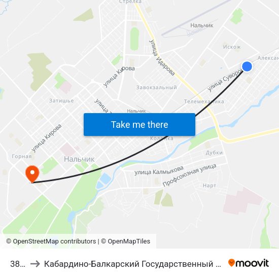 38 Км to Кабардино-Балкарский Государственный Аграрный Университет map