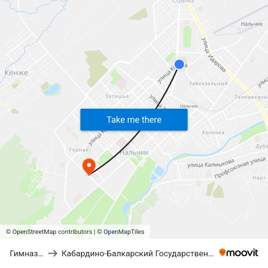Гимназия №13 to Кабардино-Балкарский Государственный Аграрный Университет map