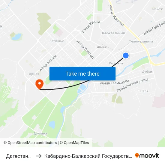 Дагестанская Улица to Кабардино-Балкарский Государственный Аграрный Университет map
