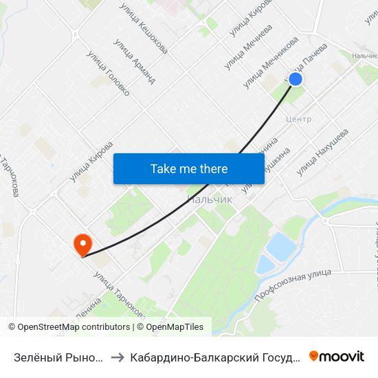 Зелёный Рынок / Сквер 400-Летия to Кабардино-Балкарский Государственный Аграрный Университет map