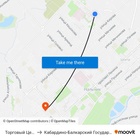 Торговый Центр Университи to Кабардино-Балкарский Государственный Аграрный Университет map