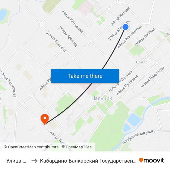 Улица Мечиева to Кабардино-Балкарский Государственный Аграрный Университет map
