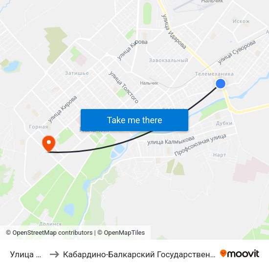 Улица Павлова to Кабардино-Балкарский Государственный Аграрный Университет map