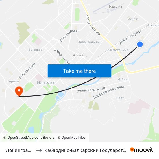 Ленинградская Улица to Кабардино-Балкарский Государственный Аграрный Университет map