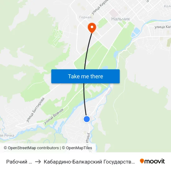 Рабочий Переулок to Кабардино-Балкарский Государственный Аграрный Университет map