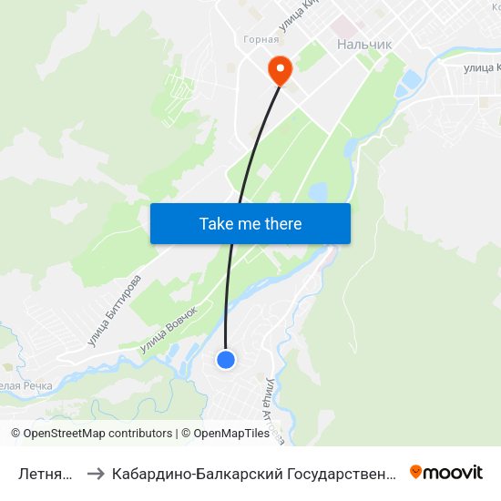 Летняя Улица to Кабардино-Балкарский Государственный Аграрный Университет map