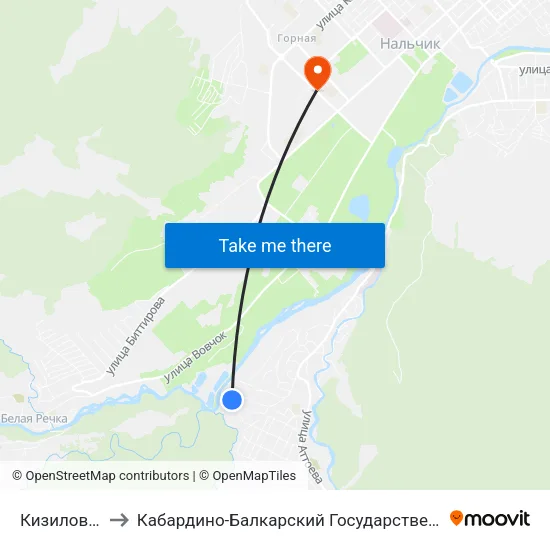 Кизиловая Улица to Кабардино-Балкарский Государственный Аграрный Университет map