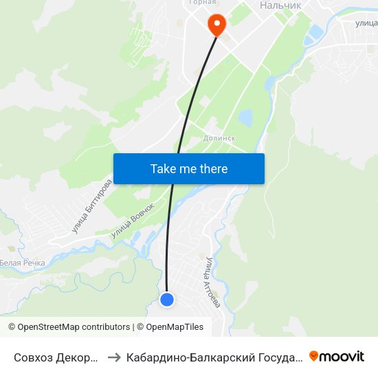 Совхоз Декоративные Культуры to Кабардино-Балкарский Государственный Аграрный Университет map