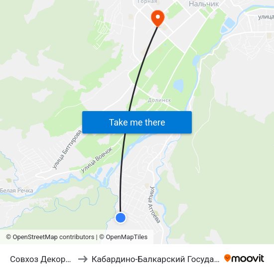 Совхоз Декоративные Культуры to Кабардино-Балкарский Государственный Аграрный Университет map