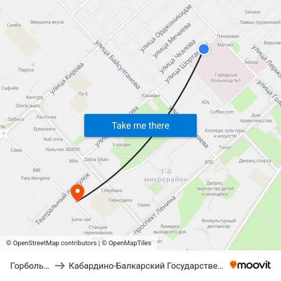 Горбольница №1 to Кабардино-Балкарский Государственный Аграрный Университет map