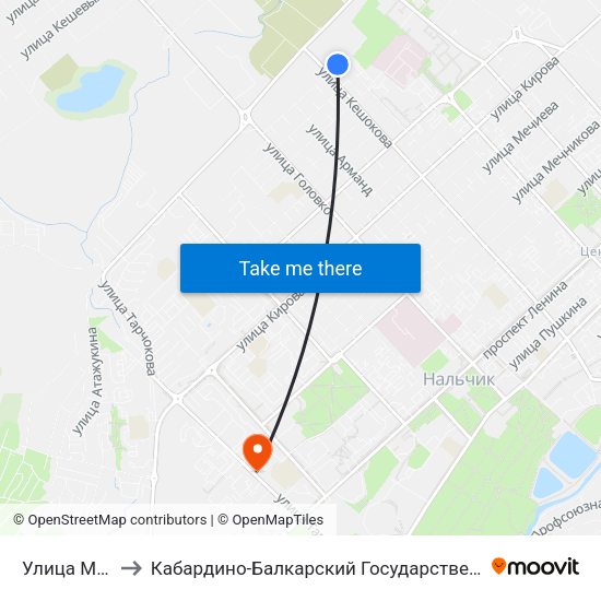 Улица Матросова to Кабардино-Балкарский Государственный Аграрный Университет map