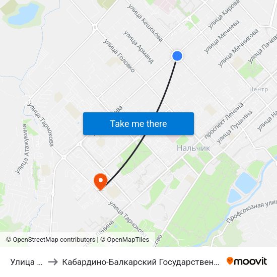 Улица Кирова to Кабардино-Балкарский Государственный Аграрный Университет map