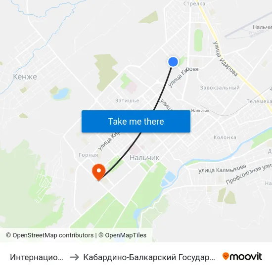 Интернациональная Улица to Кабардино-Балкарский Государственный Аграрный Университет map