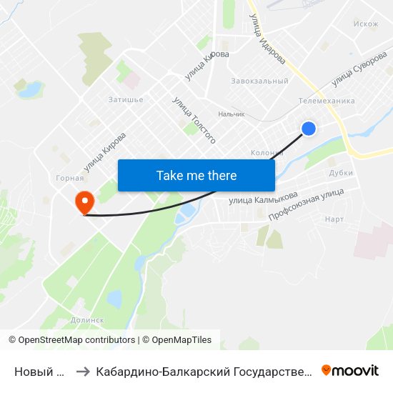 Новый Переулок to Кабардино-Балкарский Государственный Аграрный Университет map