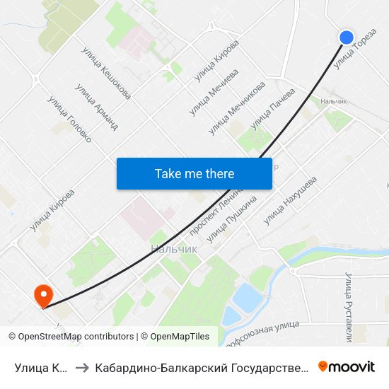 Улица Киримова to Кабардино-Балкарский Государственный Аграрный Университет map