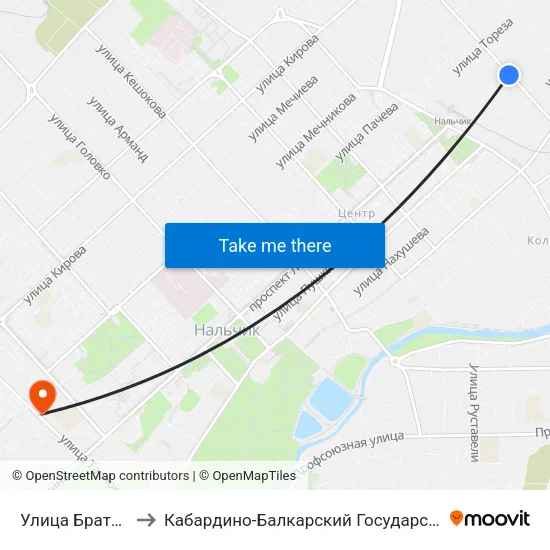 Улица Братьев Кушховых to Кабардино-Балкарский Государственный Аграрный Университет map