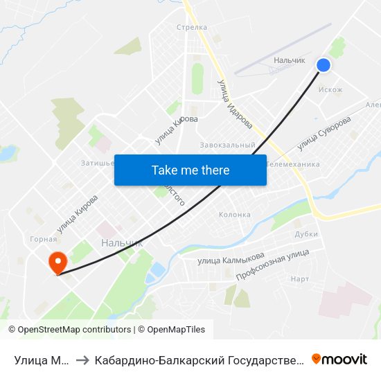 Улица Мусукаева to Кабардино-Балкарский Государственный Аграрный Университет map