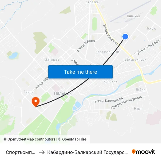 Спорткомплекс Кабарда to Кабардино-Балкарский Государственный Аграрный Университет map