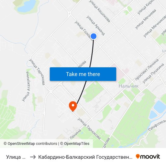 Улица Головко to Кабардино-Балкарский Государственный Аграрный Университет map