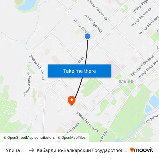 Улица Головко to Кабардино-Балкарский Государственный Аграрный Университет map