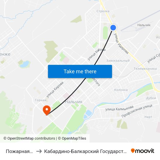 Пожарная Часть №19 to Кабардино-Балкарский Государственный Аграрный Университет map