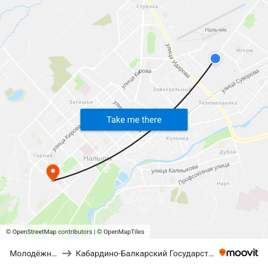 Молодёжная Площадь to Кабардино-Балкарский Государственный Аграрный Университет map