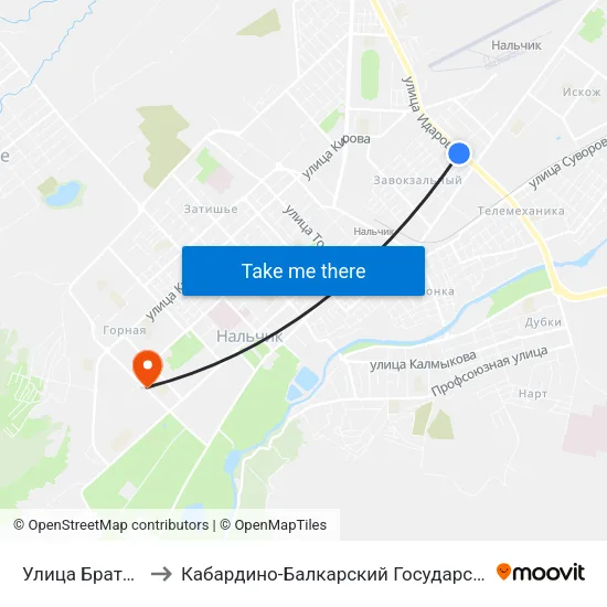 Улица Братьев Кушховых to Кабардино-Балкарский Государственный Аграрный Университет map