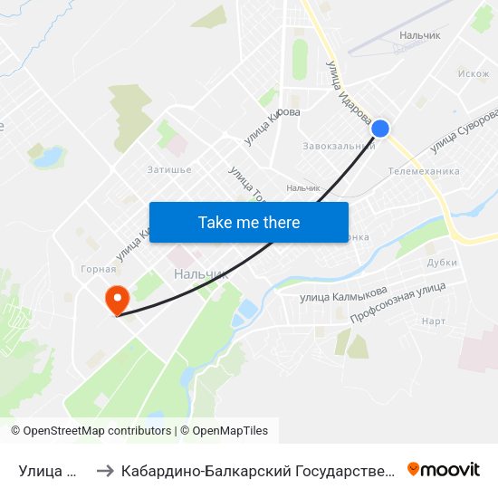 Улица Мичурина to Кабардино-Балкарский Государственный Аграрный Университет map