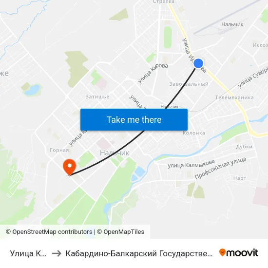 Улица Киримова to Кабардино-Балкарский Государственный Аграрный Университет map