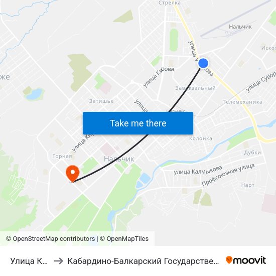 Улица Киримова to Кабардино-Балкарский Государственный Аграрный Университет map
