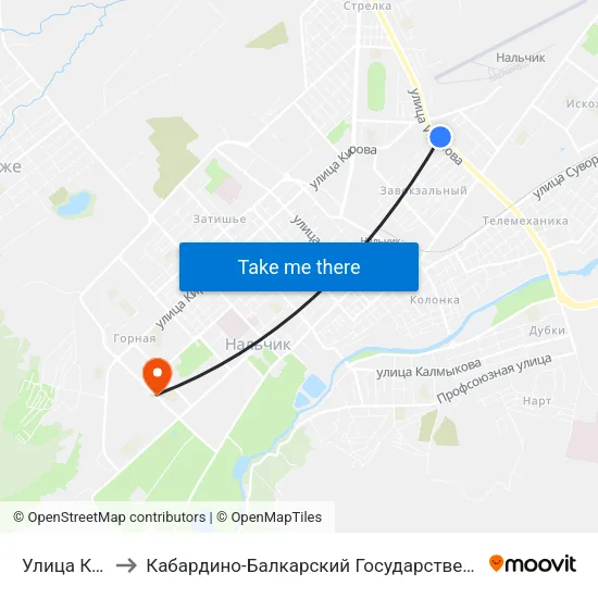 Улица Киримова to Кабардино-Балкарский Государственный Аграрный Университет map