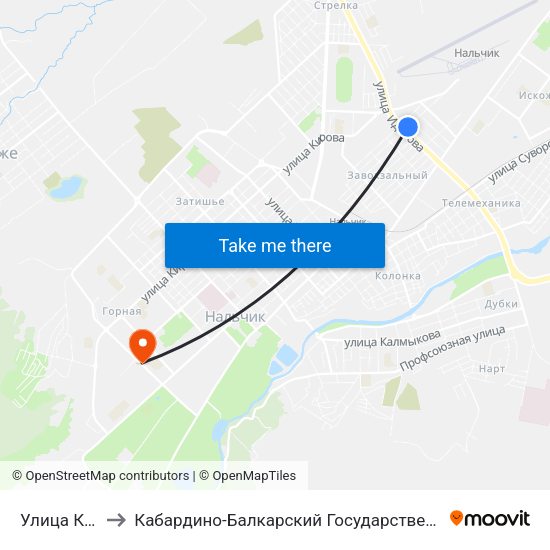 Улица Киримова to Кабардино-Балкарский Государственный Аграрный Университет map