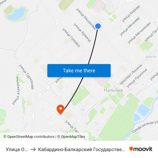 Улица Осипенко to Кабардино-Балкарский Государственный Аграрный Университет map