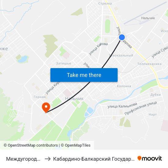Междугородный Автовокзал to Кабардино-Балкарский Государственный Аграрный Университет map