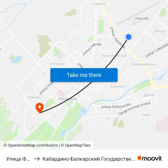 Улица Фурманова to Кабардино-Балкарский Государственный Аграрный Университет map