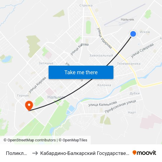Поликлиника №2 to Кабардино-Балкарский Государственный Аграрный Университет map