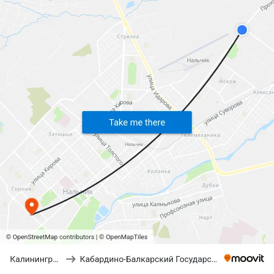 Калининградская Улица to Кабардино-Балкарский Государственный Аграрный Университет map