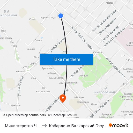 Министерство Чрезвычайных Ситуаций to Кабардино-Балкарский Государственный Аграрный Университет map