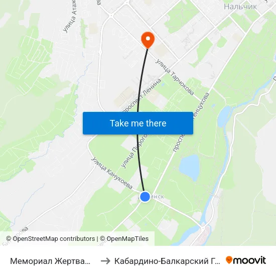 Мемориал Жертвам Репрессий Балкарского Народа to Кабардино-Балкарский Государственный Аграрный Университет map