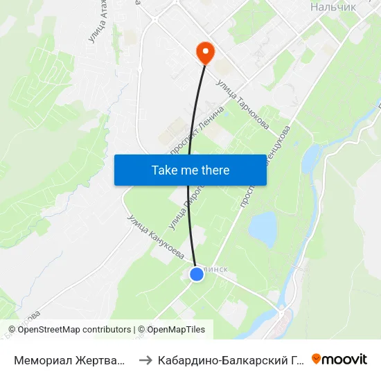 Мемориал Жертвам Репрессий Балкарского Народа to Кабардино-Балкарский Государственный Аграрный Университет map