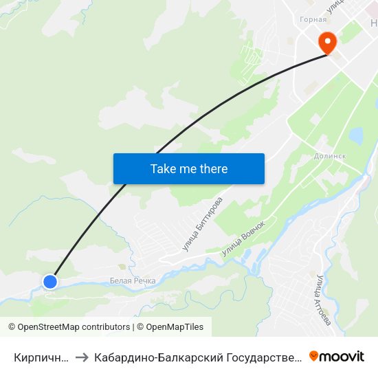 Кирпичная Улица to Кабардино-Балкарский Государственный Аграрный Университет map